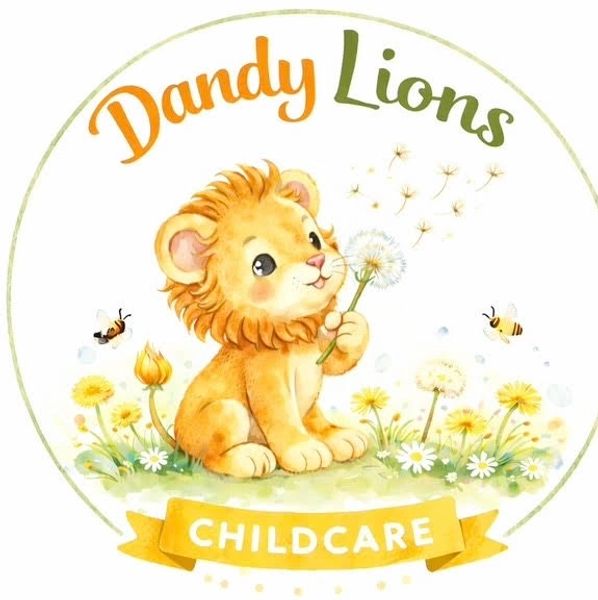 Cute lion cub blowing dandelion seeds in a flower field for childcare logo.
