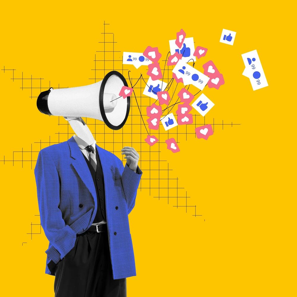 Person with a megaphone head spreading social media likes and followers.