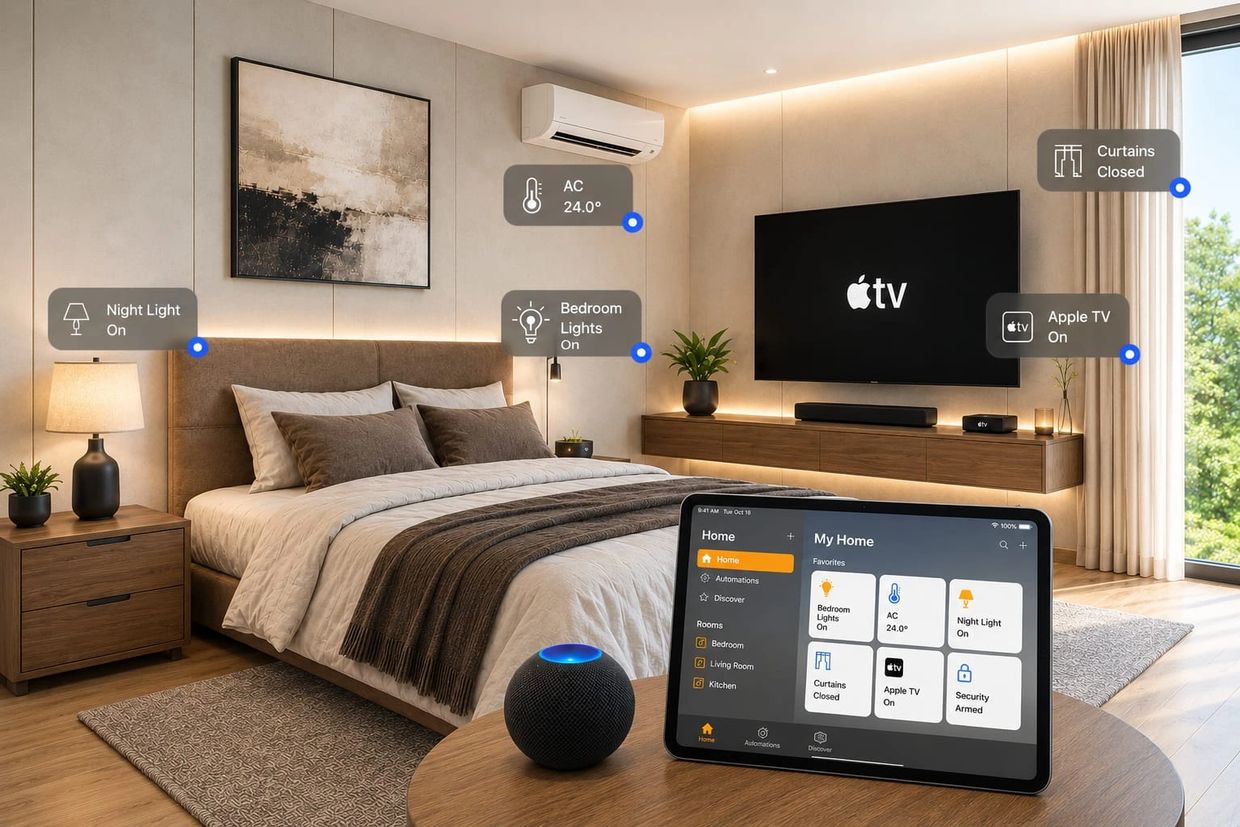 Modern bedroom with smart home controls showing lights, AC, curtains, and Apple TV on a tablet.