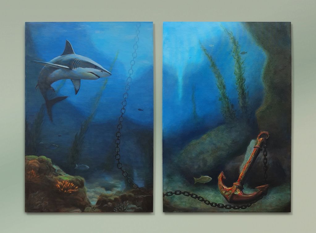 Two paintings depicting underwater scenes with a shark and an anchor.