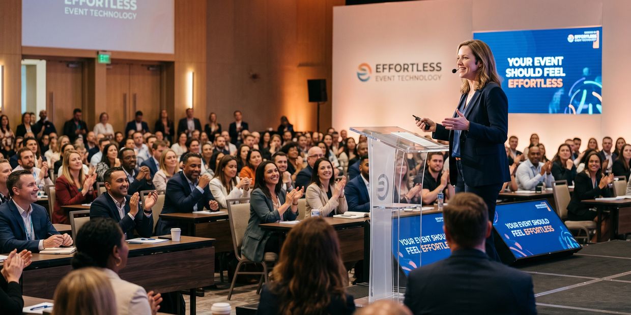 A speaker presents to an engaged audience at an Effortless Event Technology conference.