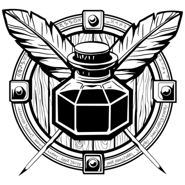 Black and white ink bottle with crossed quill feathers and mystical runes.