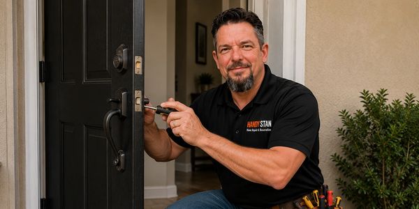 A locksmith repairing a door lock.