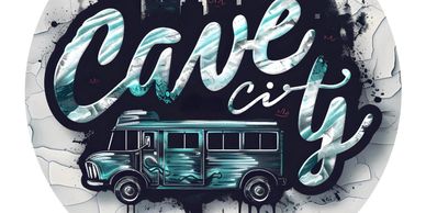 Artistic depiction of a bus with the text 'Cave city'.
