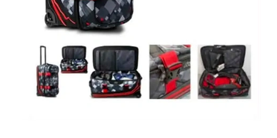 A stylish suitcase with organized compartments and accessories.