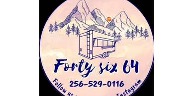 Logo of Forty six 64 with a mountain and trailer illustration.