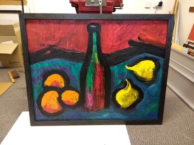 Colin Moss - Still Life - Oil on board, framed in waxed, ebony stained oak with oak fillets