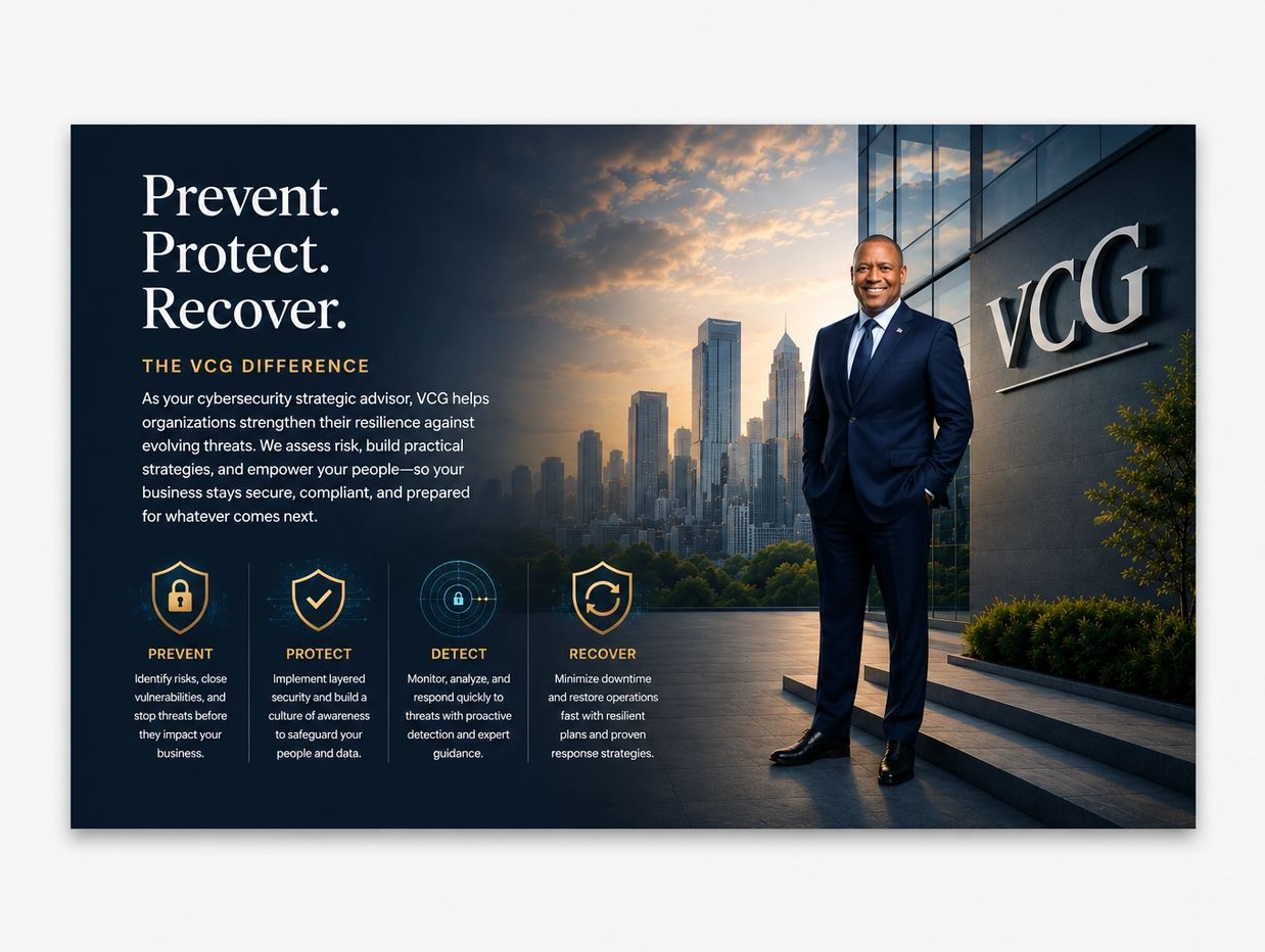 Businessman promoting cybersecurity services at VCG.