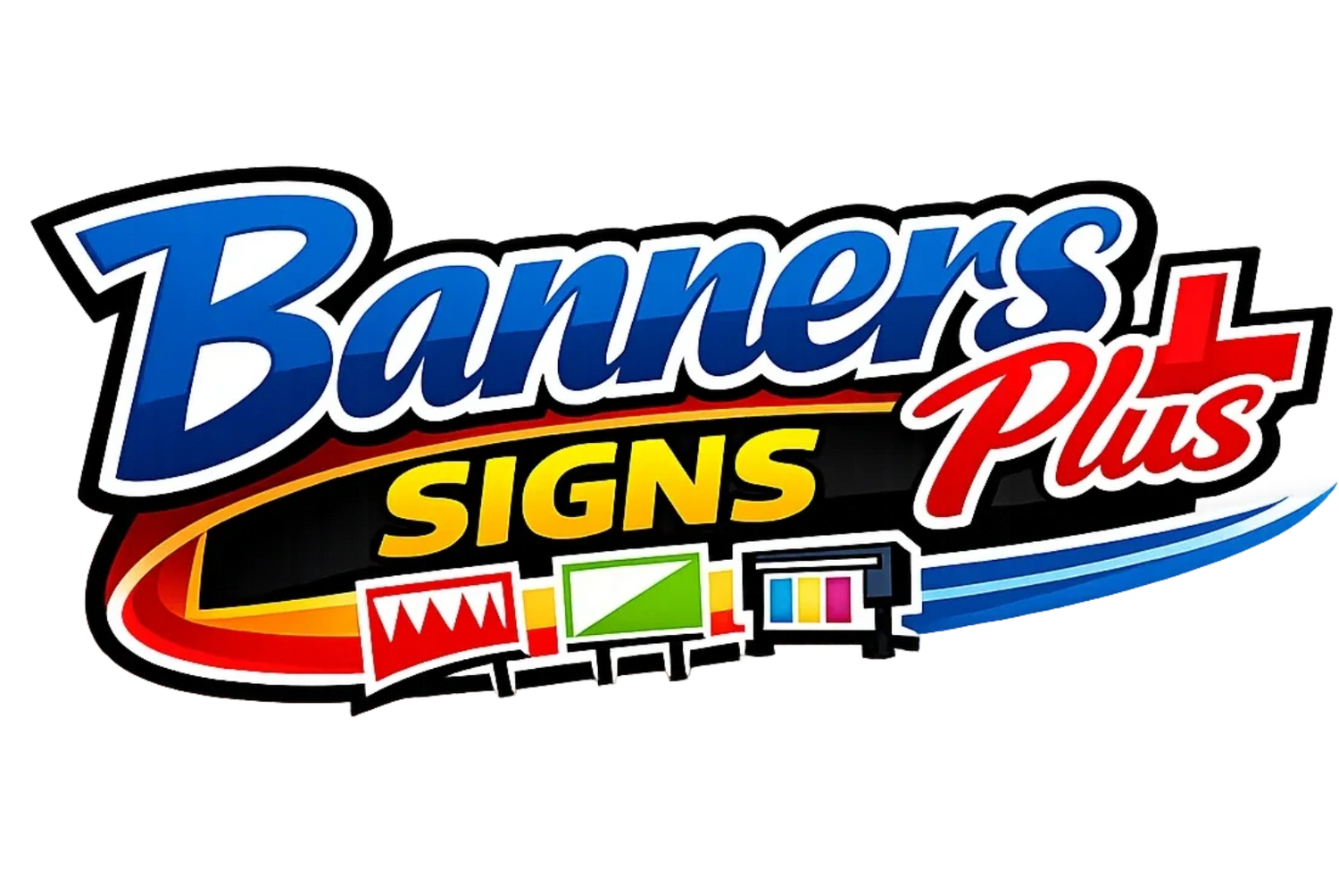 Colorful logo for Banners Plus Signs with bold text and graphic elements.