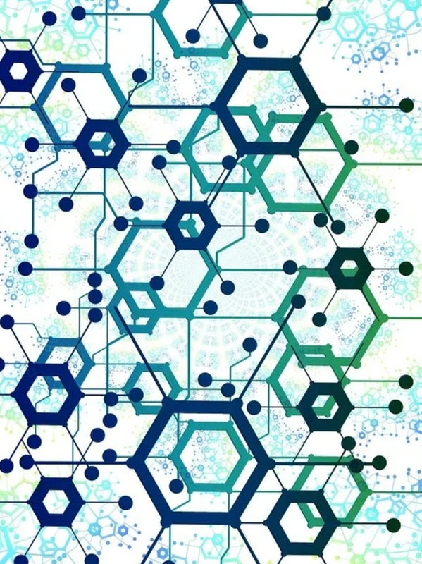 Abstract network of interconnected hexagons and nodes in blue and green.