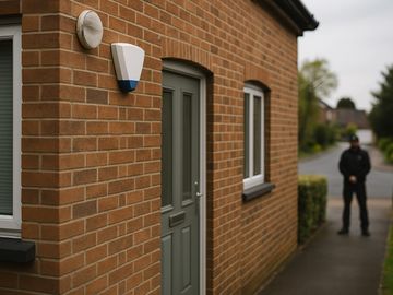 Brick house entrance with a security alarm and a person standing in the background.