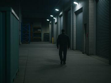 A lone man walks down a dimly lit industrial corridor at night.