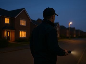 A man in a cap uses a flashlight on a quiet residential street at night.