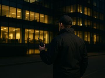 Night security guard holding a walkie-talkie outside an office building.