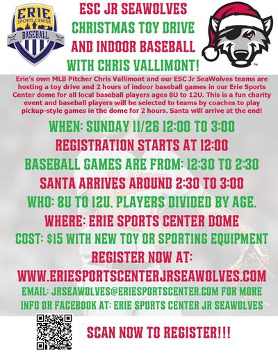 Flyer for ESC Jr Seawolves Christmas toy drive and indoor baseball event with Chris Vallimonti.