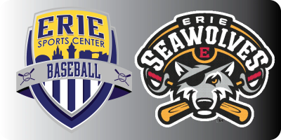 Logos of Erie Sports Center Baseball and Erie SeaWolves teams with bold designs.