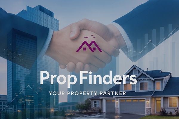 Handshake symbolizing partnership in real estate with a house and cityscape background.