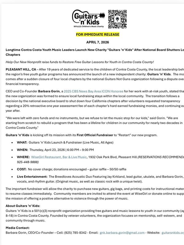 Press release announcing the launch of Guitars ’n’ Kids charity and its first fundraiser in Pleasant Hill, CA.