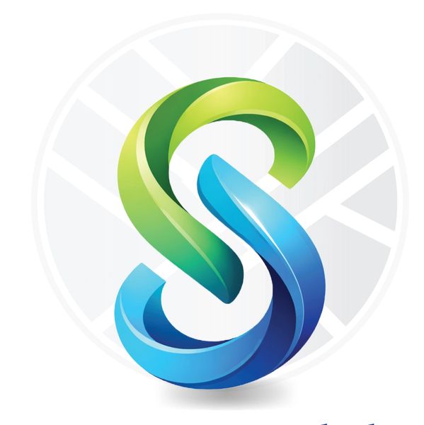 3D abstract S-shaped logo with green and blue shades.
