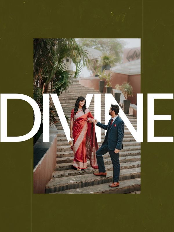 Couple sharing a romantic moment on outdoor steps, word 'DIVINE' overlays the image.