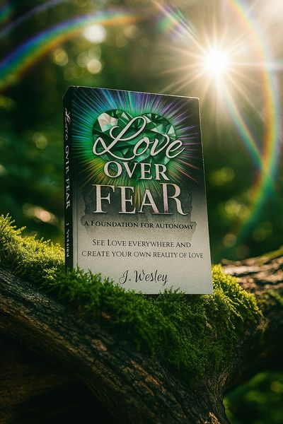 Book titled 'Love Over Fear' by J. Wesley on mossy tree with sun and rainbow.