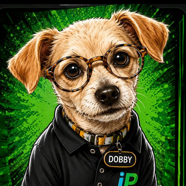 Cute dog wearing glasses and a collar tag named Dobby.