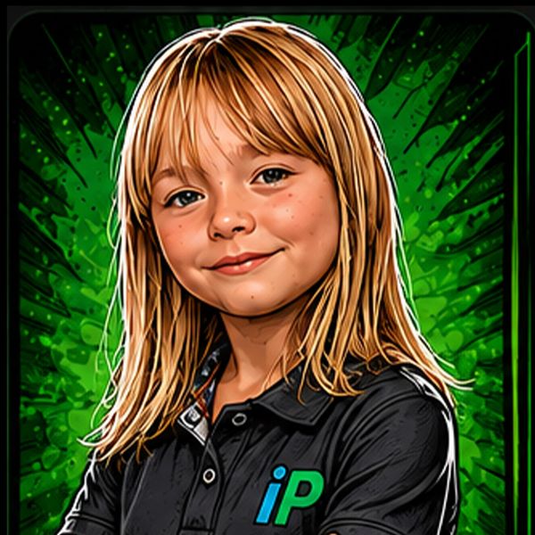 Confident girl with blonde hair and a green background.