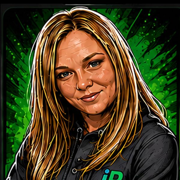 Illustrated portrait of a smiling woman with blonde hair and a black hoodie.