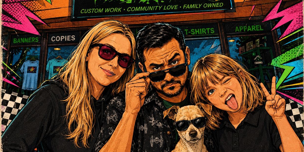 Family with sunglasses posing together with a dog.