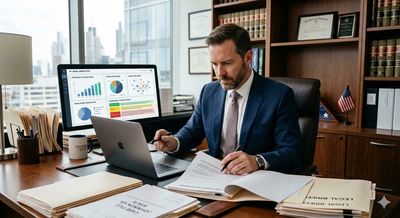 Attorney reviewing legal documents while analyzing AI marketing analytics and client acquisition dat