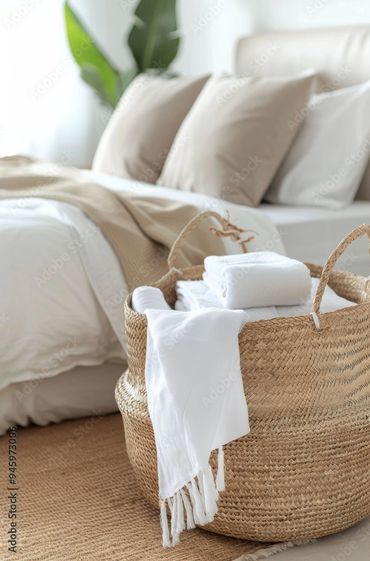 beige bed with folded white towels in a wicker basket