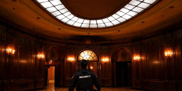 A security guard stands in an ornate, dimly lit room with wooden walls and a glowing ceiling.