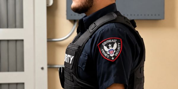 Security guard wearing a Southeast Private Security uniform and vest.