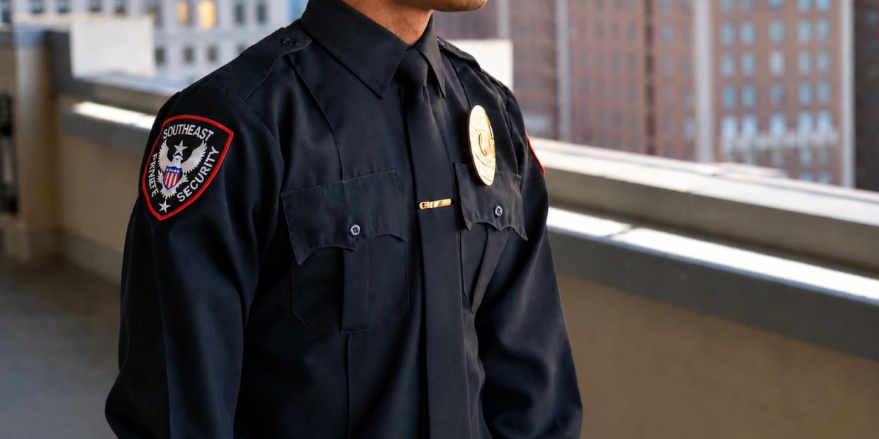 Security officer in black uniform with badge and patch on sleeve.