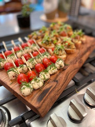 Caprese Skewers and Caponata Bruschetta