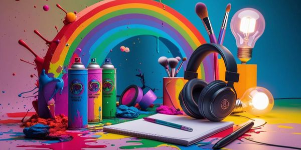Creative workspace with colorful paint sprays, brushes, headphones, and light bulbs under a vibrant rainbow.