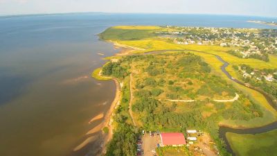 Aerial view of a coastal landscape with greenery and a small town.