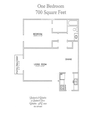 Floor plan of a one-bedroom apartment with 700 square feet, including living room, bedroom, kitchen, dining, and patio.