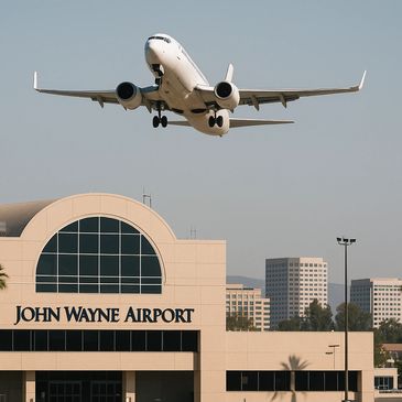 A plane is landing at John Wayne Airport with city buildings in the background.