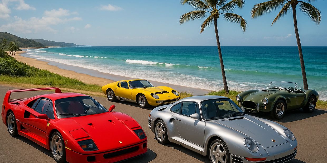 Four classic sports cars parked by a tropical beach with palm trees and ocean waves.