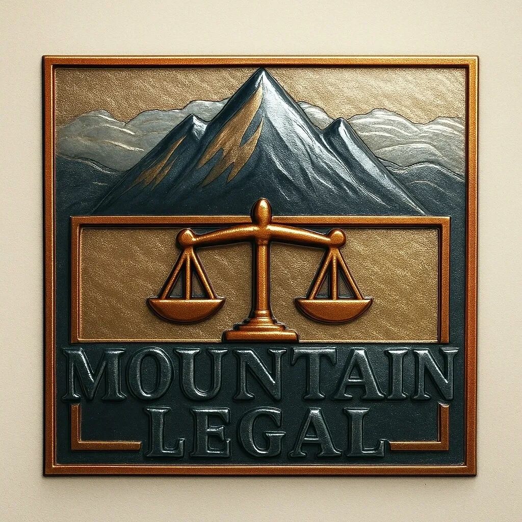 Embossed logo of Mountain Legal featuring mountains and scales of justice.