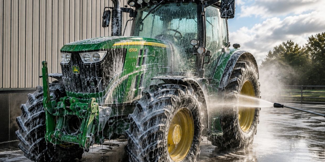 Green tractor being washed with soap and water.