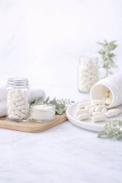 White capsules and cream in glass jars with green leaves on a marble surface.