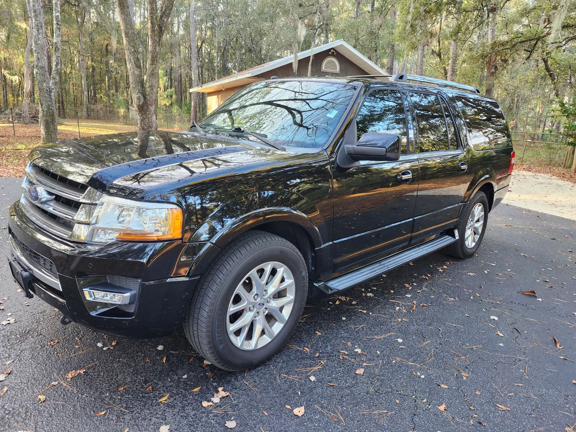 Black Ford SUV parked on a driveway surrounded by trees.