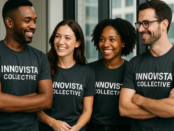 Four smiling diverse people wearing Innovista Collective shirts in a modern office.