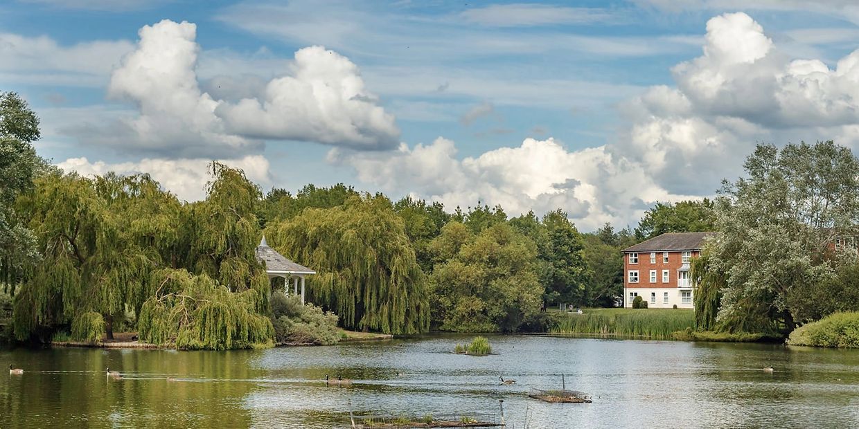 Bandstand and view of the lake at Watermead in Aylesbury, Buckinghamshire, United Kingdom