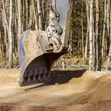 Excavator bucket digging soil near a forest with birch trees.