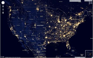 Nighttime satellite image showing lights across the United States and Mexico.