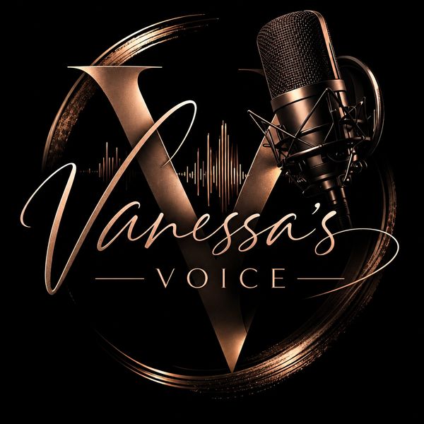 Logo for Vanessa's Voice with microphone and soundwave.