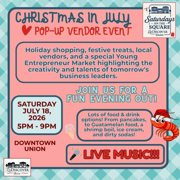 Christmas in July pop-up vendor event with holiday shopping, food, and live music.